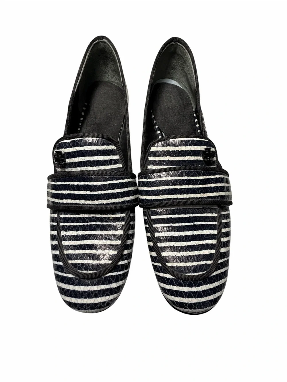 Tory Burch Evette Penny Loafers Striped Black & White Leather Loafers Sz 5.5